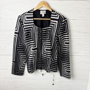 Joseph Ribkoff ZipUp Cocktail Jacket Black & Silver Geometric Print Chain Detail
